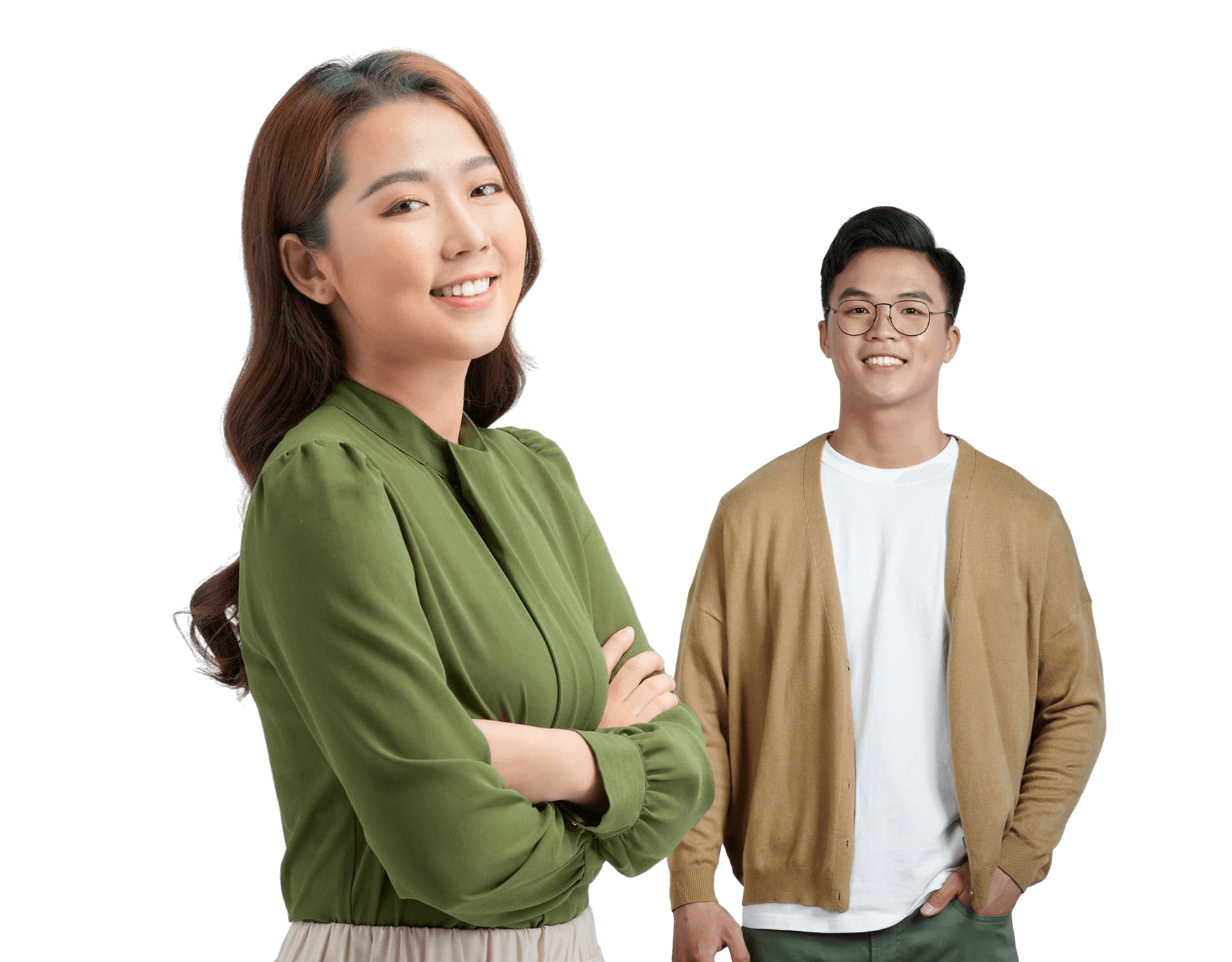 Two ALIVE clients smiling together in front of the wall logo