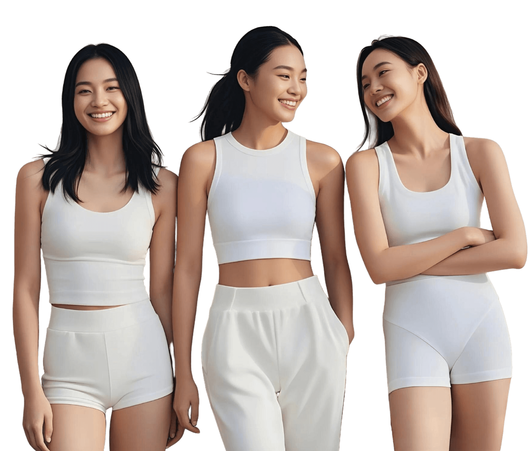 Three women in white wellness wear standing together