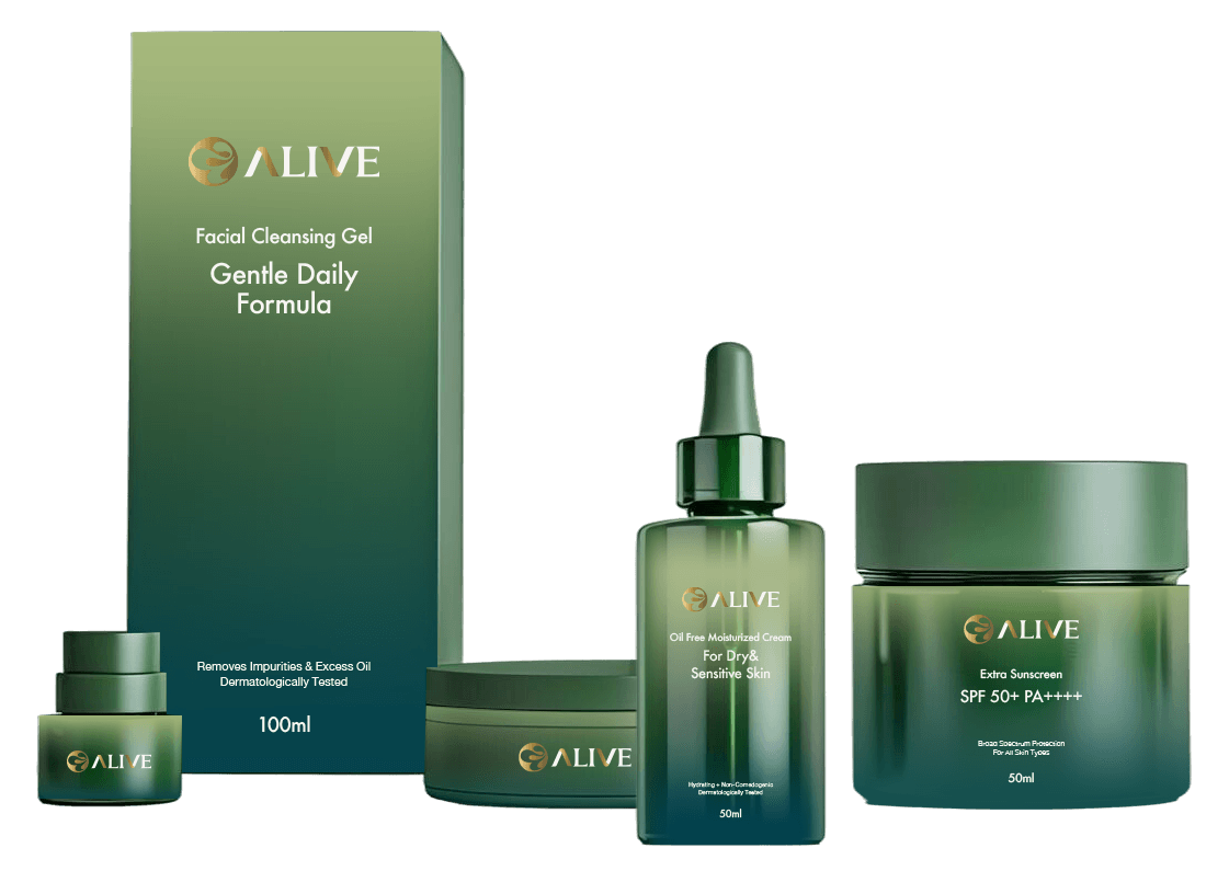 ALIVE branded cosmetic packaging mockup — cleansing gel box, two glass dropper bottles and a sunscreen jar arranged on a dark green surface